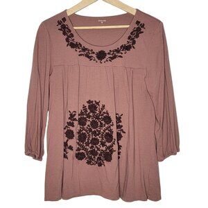 Garnet Hill Large Mauve Women's Floral Embroidered Long Sleeve Boat Neck Top L